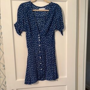 Faithfull the Brand Blue and White Puff Sleeve Mini Sundress